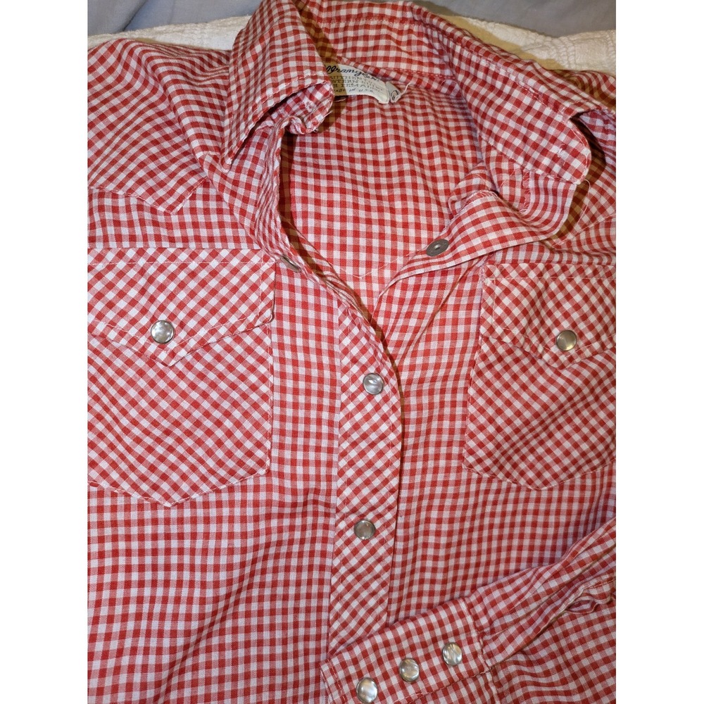 VTG 70s Wrangler Pearl Snap Red Gingham Shirt Western Cowgirl Rockabilly Sz 32